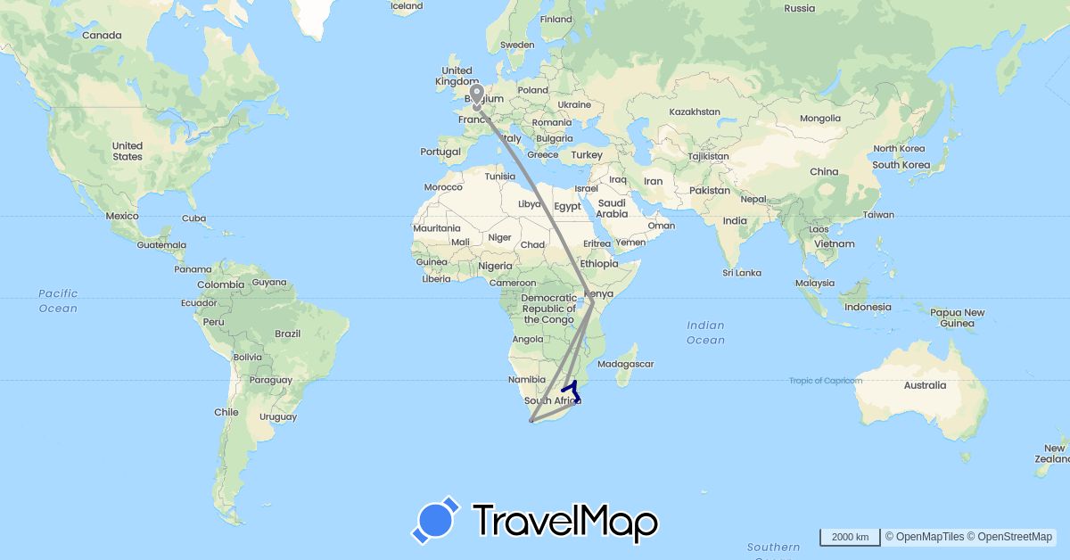 TravelMap itinerary: driving, plane in France, Kenya, Swaziland, South Africa (Africa, Europe)