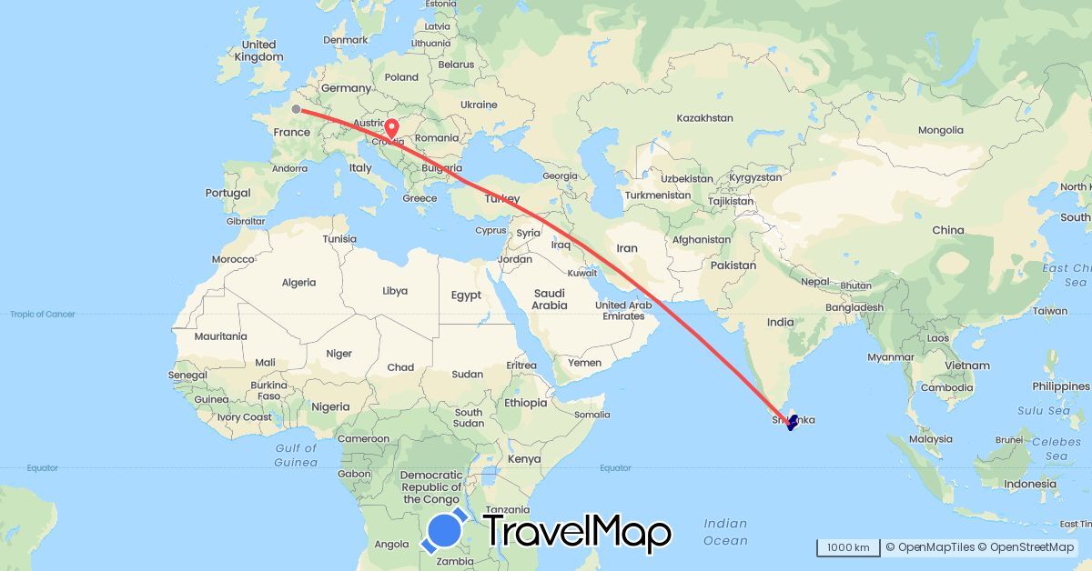 TravelMap itinerary: driving, plane, train, hiking in France, Sri Lanka, Turkey (Asia, Europe)